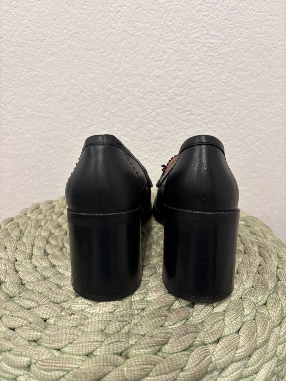 Kate Spade Hattie Black Leather Scalloped Trim Block Heel Chunky Loafers - Picture 8 of 11